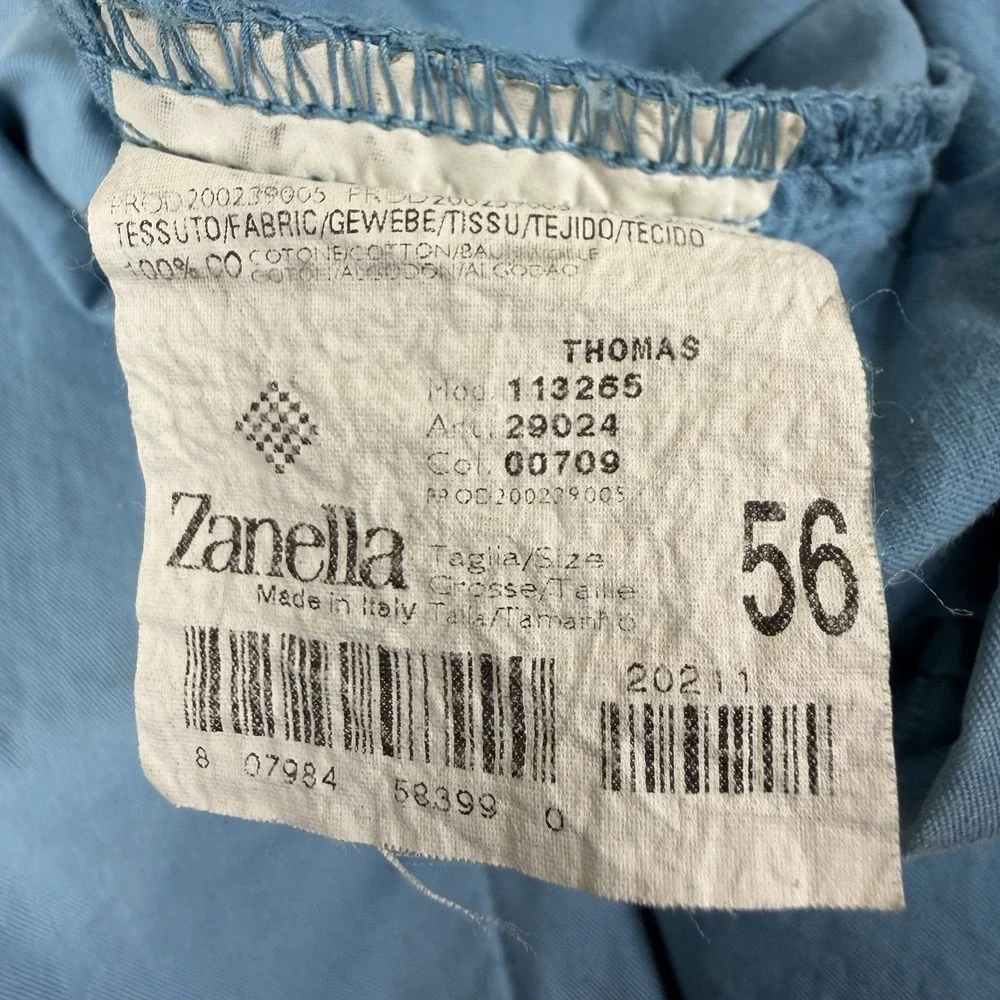 Zanella Men's 56 Light Blue Cotton Chino Pants Flat Front Casual Trousers NWT